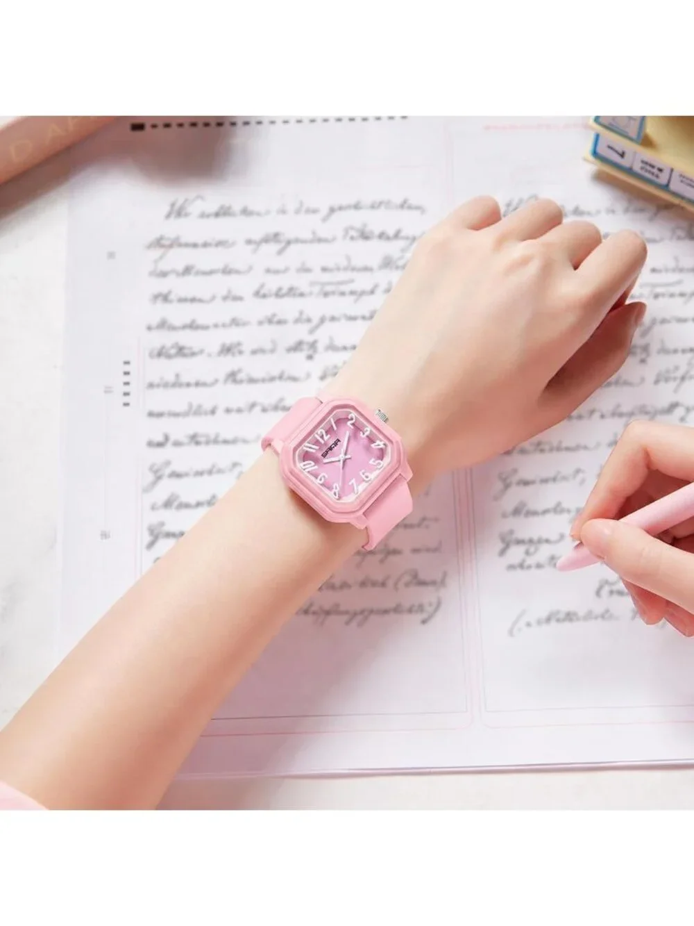 Women’s Pink Red Big Arabic Numbers Silicone Strap Analog Square Wrist Watch